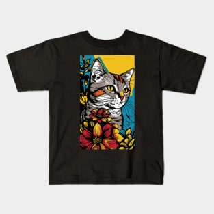 American Shorthair Cat Vibrant Tropical Flower Tall Retro Vintage Digital Pop Art Portrait Kids T-Shirt